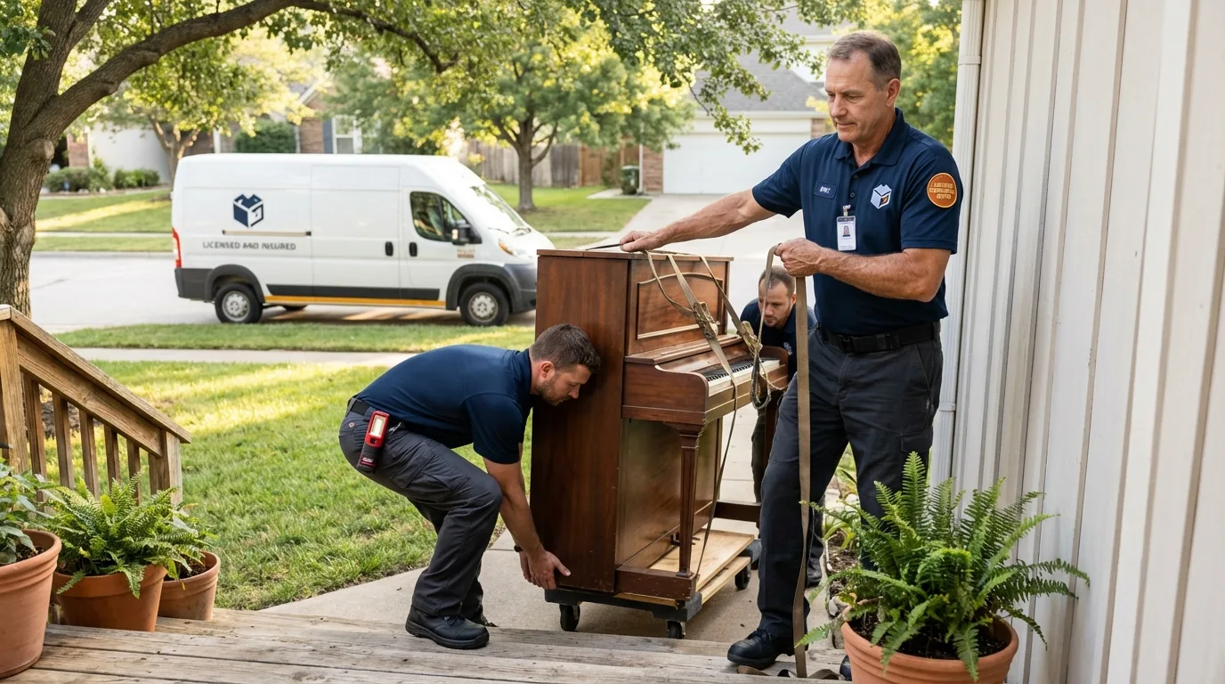 Licensed piano movers securing grand piano in Grove City, PA
