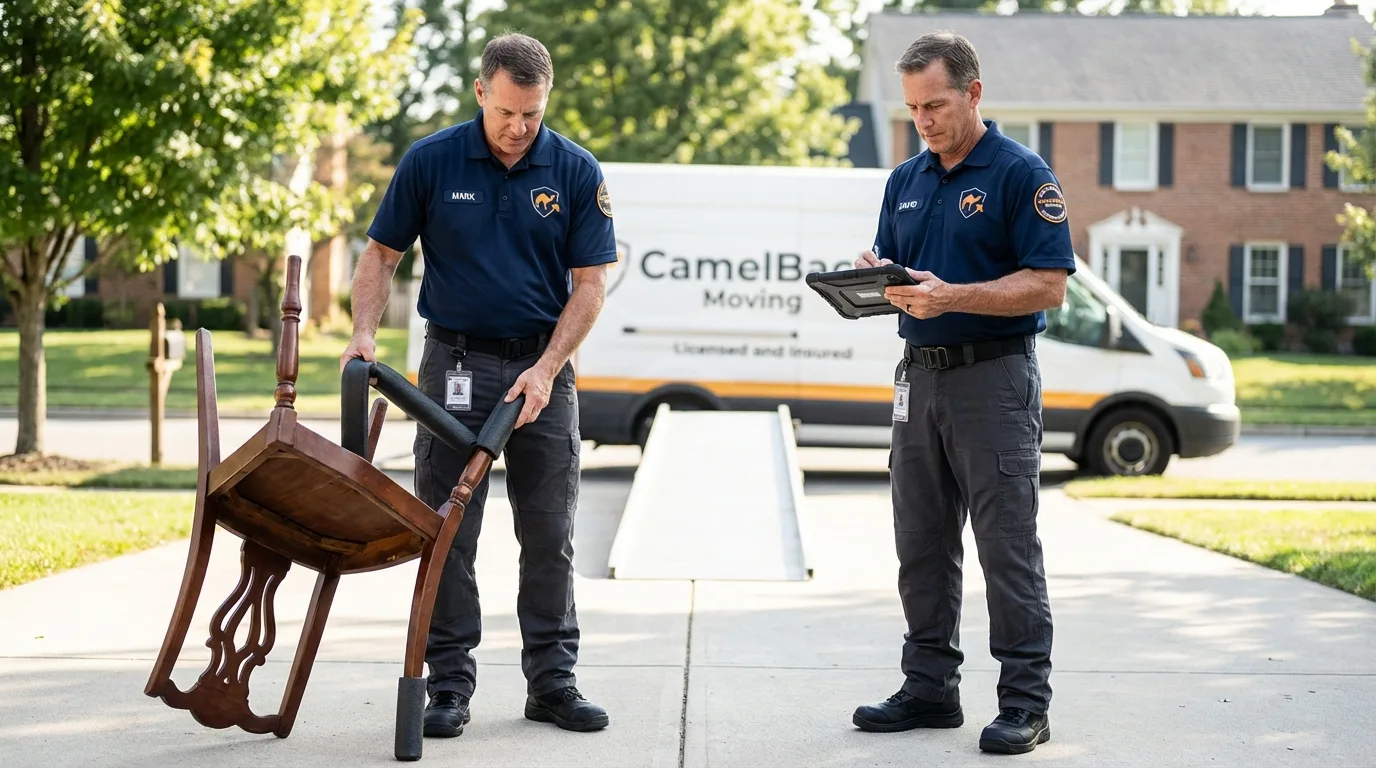 Movers inspecting furniture for damage prevention before loading in Grove City, PA