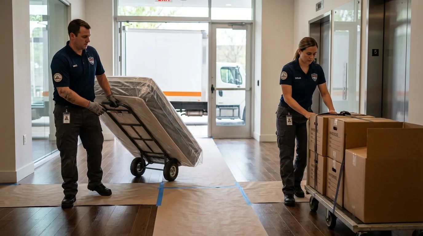 Professional apartment movers loading elevator in Grove City, PA