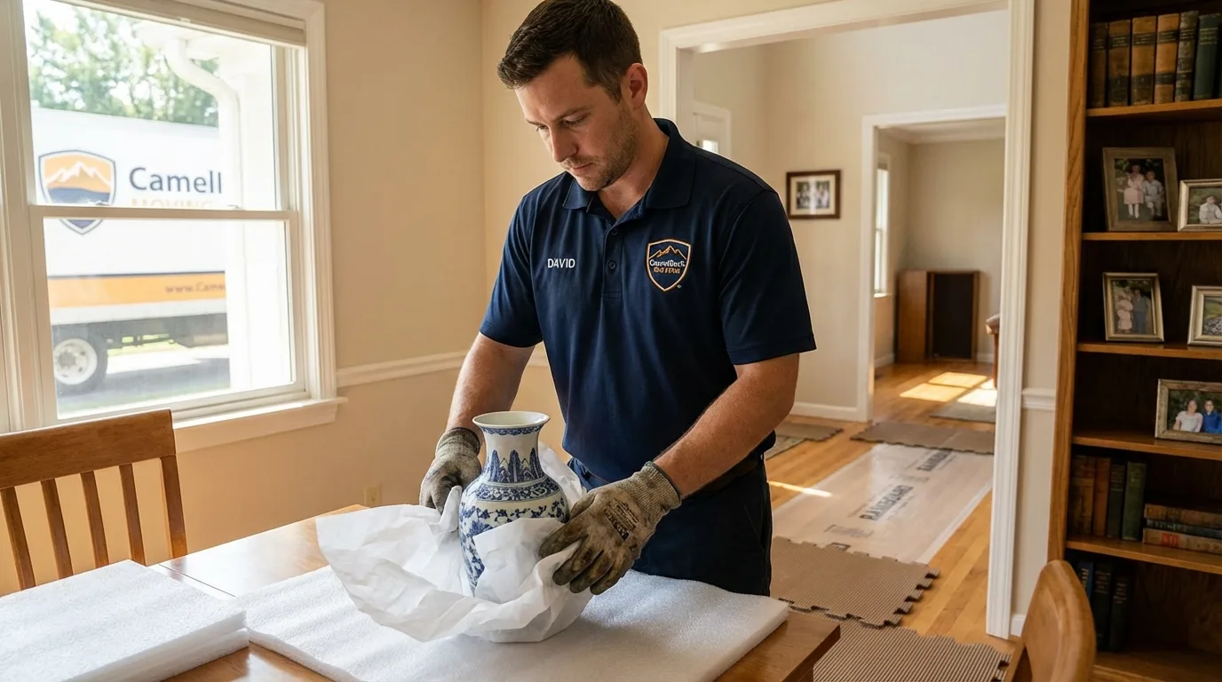 Professional crew carefully wrapping antique vase for senior downsizing move in Grove City, PA